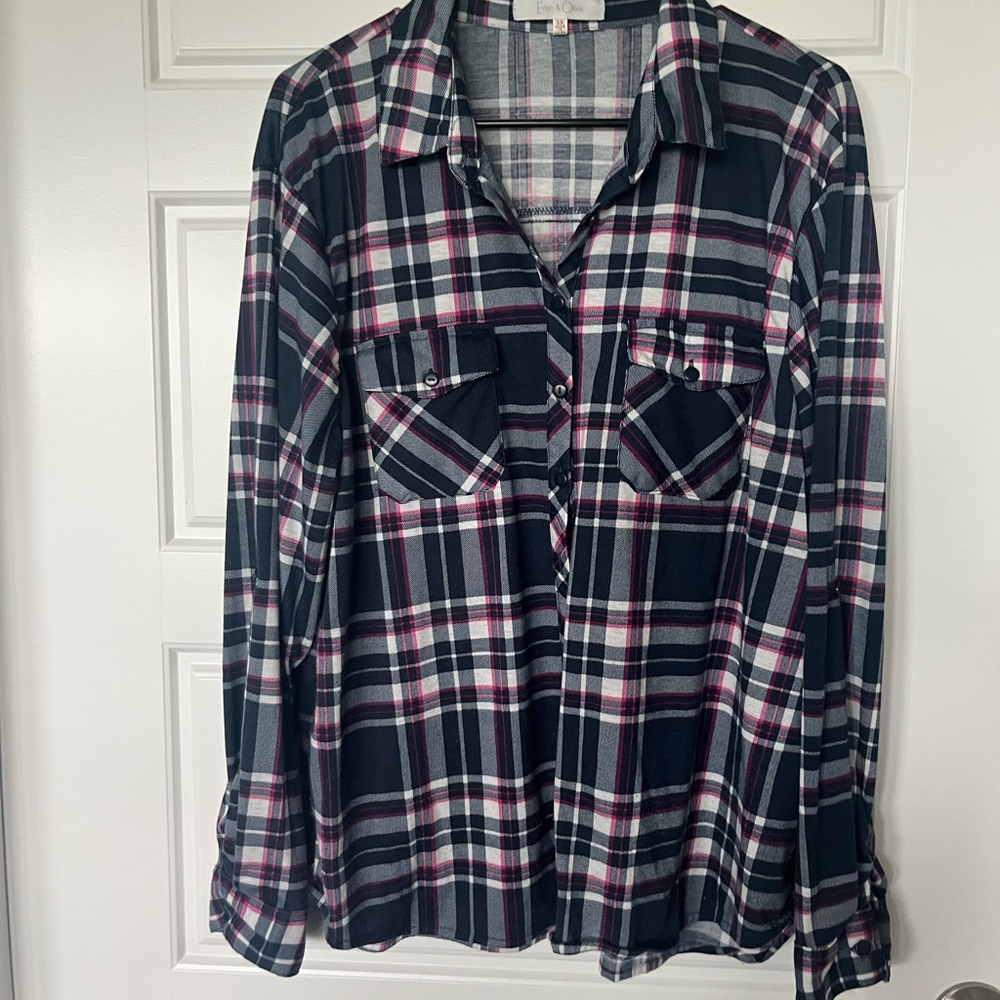 Eden & Olivia Plaid Button Down Shirt - Black, Pink, and White